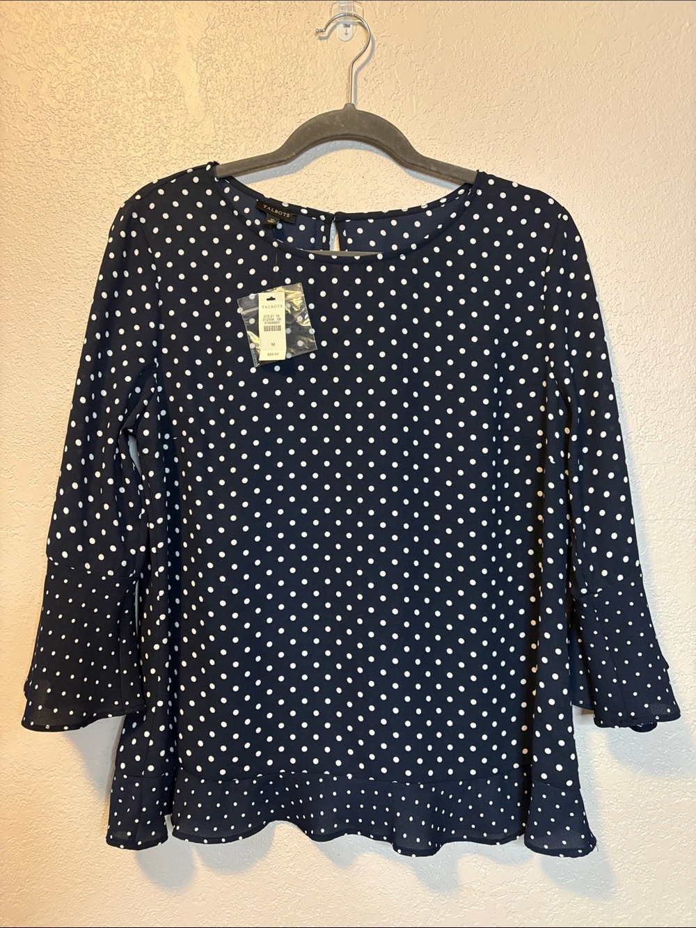 Talbots Polka Dot Blouse NWT Navy Blue with White size M